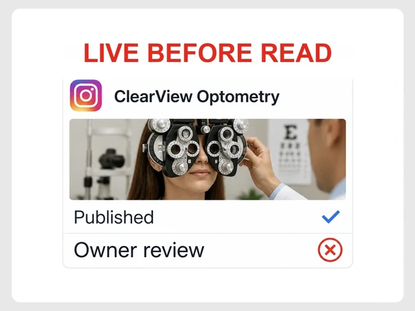 ClearView Optometry's Instagram post is published before owner review, which shows a red cross.
