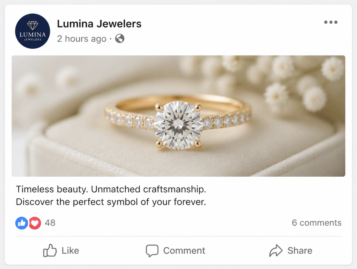 A single Facebook post from a fine jewellery shop with a ring photo and its likes count