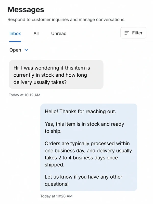A business social inbox where a customer question is answered the same day