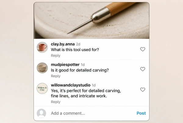 Three comments on a ceramics studio Instagram post, one answered by the business