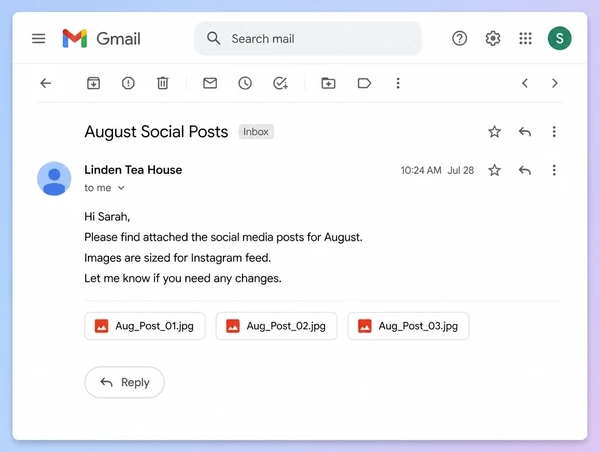 A Gmail approval message sending a month of tea house posts for sign off