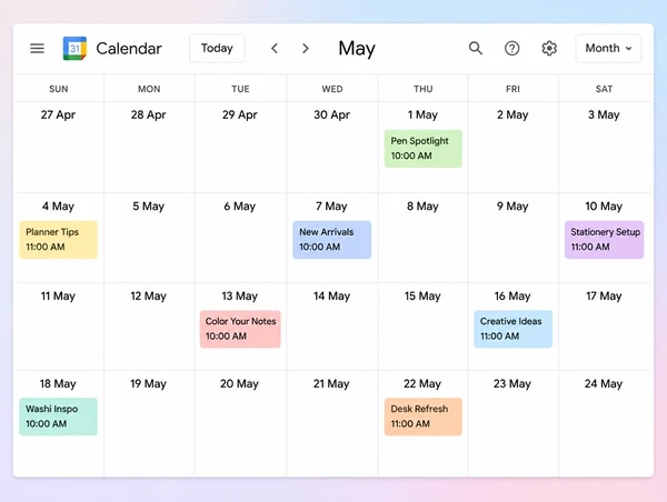 A Google Calendar month with nine planned stationery brand posts spread evenly
