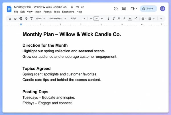A Google Docs monthly plan for a candle maker with direction, topics and posting days