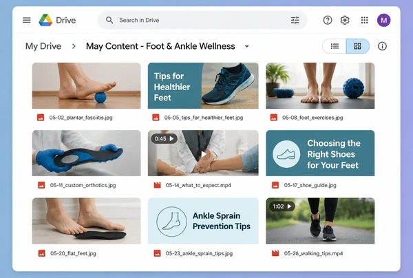 A Google Drive folder of podiatry practice photographs and video clips for the month