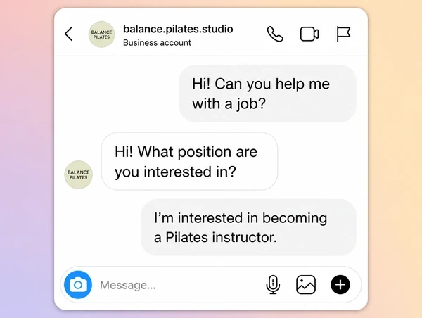 An Instagram message thread where a customer enquires about a pilates studio job