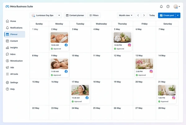 A Meta Business Suite Planner month of approved scheduled posts for a day spa