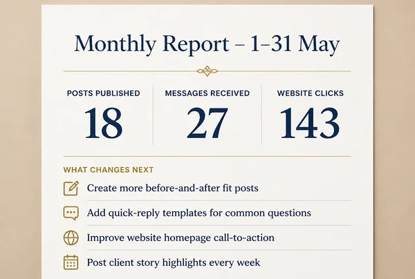 A one page monthly bespoke tailor report showing posts published, messages and clicks