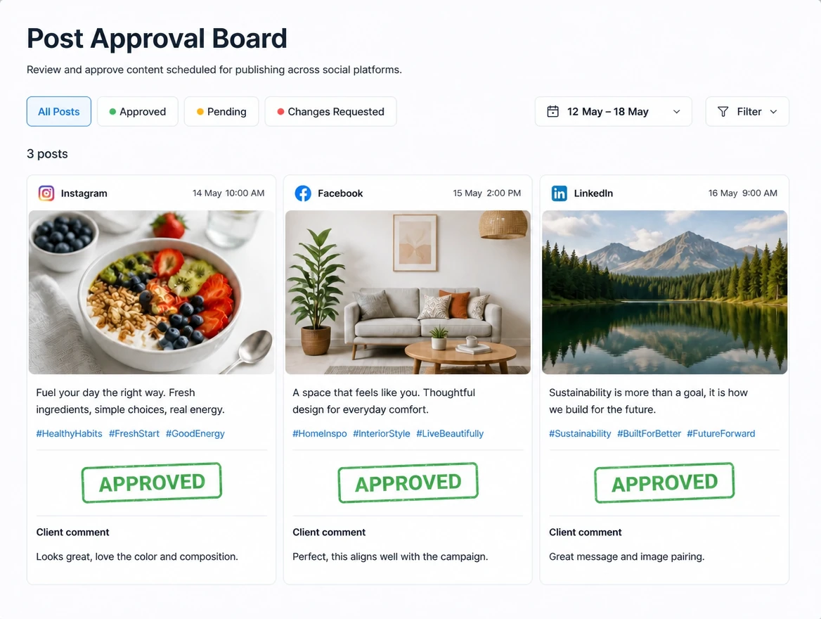 A post approval board with three drafts stamped approved and a client comment on each