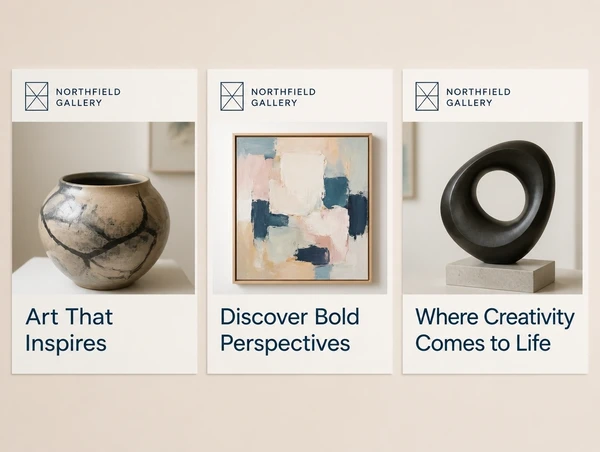 Three art gallery social posts side by side in one consistent style