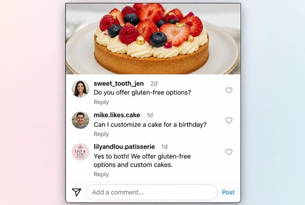 Three comments on a patisserie Instagram post, one answered by the business
