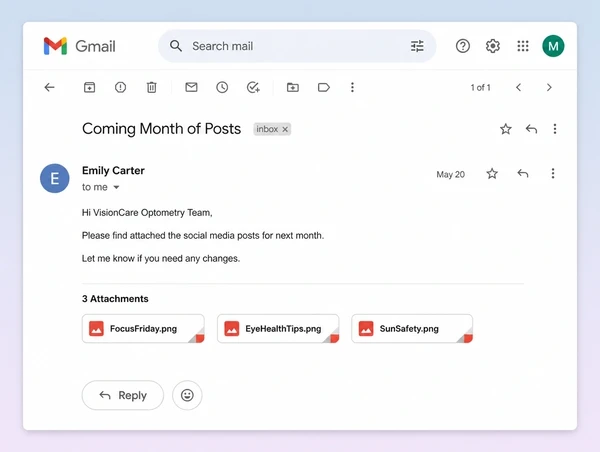 A Gmail approval message sending a month of optometry practice posts for sign off