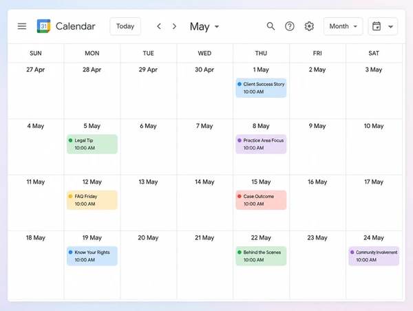 A Google Calendar month with nine planned law practice posts spread evenly