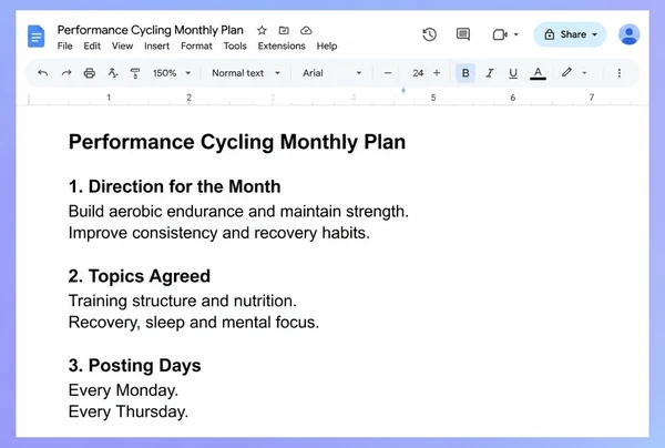 A Google Docs monthly plan for a performance cycling shop with direction, topics and posting days