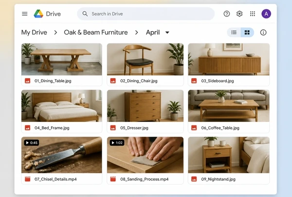 A Google Drive folder of furniture maker photographs and video clips for the month