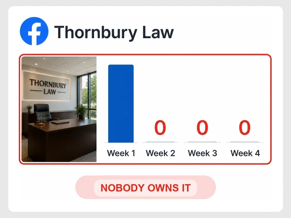 Thornbury Law Facebook chart shows one active week followed by three zero-post weeks.