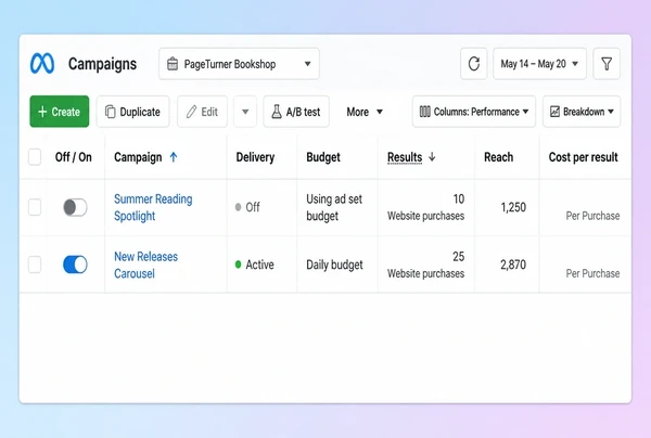 A Meta Ads Manager list with one paused and one active bookshop campaign
