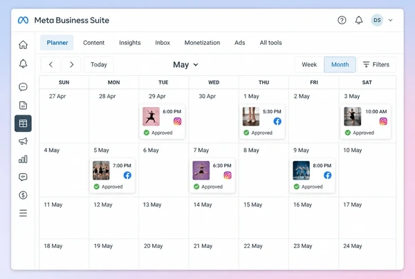 A Meta Business Suite Planner month of approved scheduled posts for a dance studio