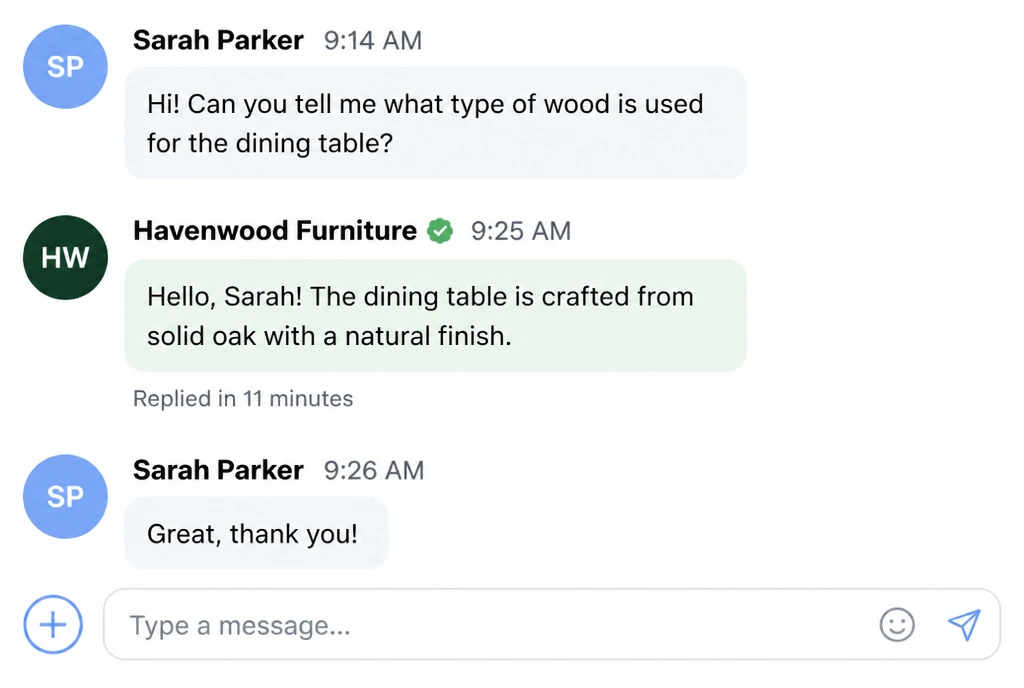 A direct message thread where a furniture question is answered in eleven minutes