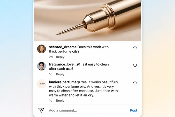 Three comments on a perfumery Instagram post, one answered by the business