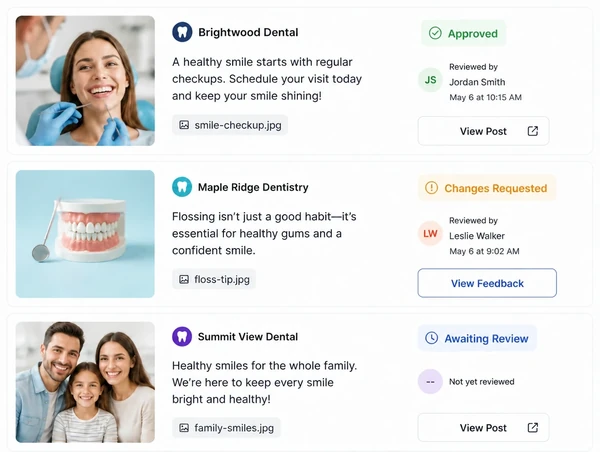 A content approval screen with three dental clinic posts marked approved, changes requested and awaiting review