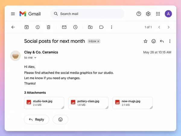 A Gmail approval message sending a month of ceramics studio posts for sign off