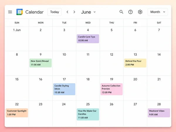 A Google Calendar month with nine planned candle maker posts spread evenly