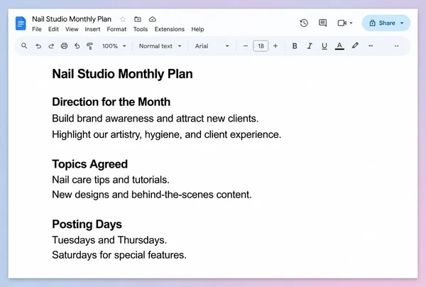 A Google Docs monthly plan for a nail studio with direction, topics and posting days