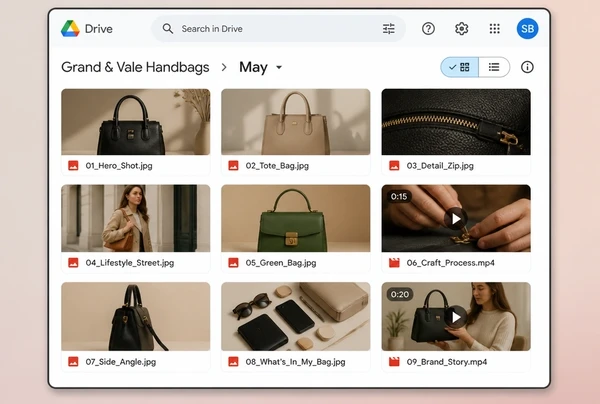A Google Drive folder of handbag brand photographs and video clips for the month