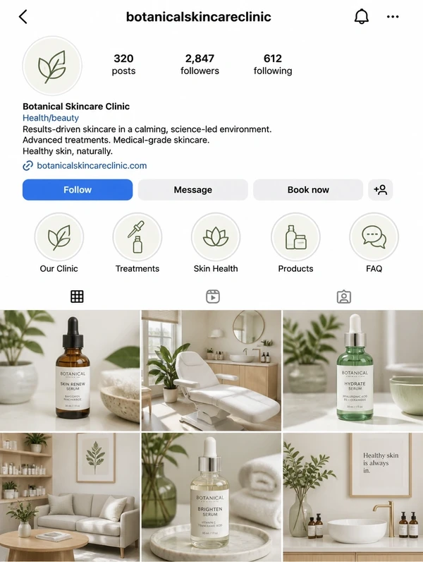 An Instagram business profile for a skincare clinic showing a grid of treatment and product photos