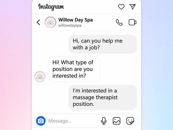 An Instagram message thread where a customer enquires about a day spa job