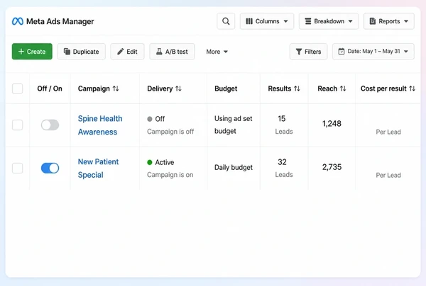 A Meta Ads Manager list with one paused and one active chiropractic clinic campaign
