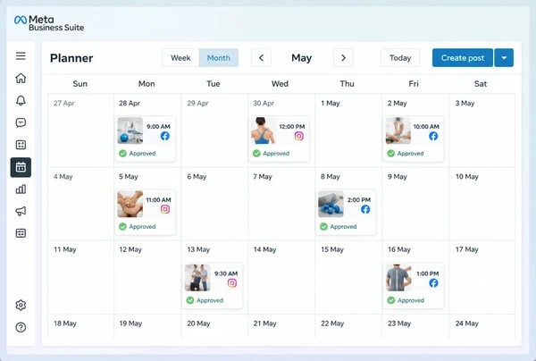 A Meta Business Suite Planner month of approved scheduled posts for a physiotherapy practice
