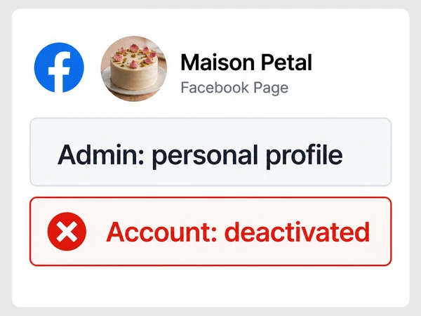 Maison Petal's Facebook page uses a personal profile as admin, but that account is deactivated.