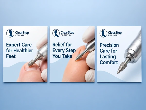 Three podiatry practice social posts side by side in one consistent style
