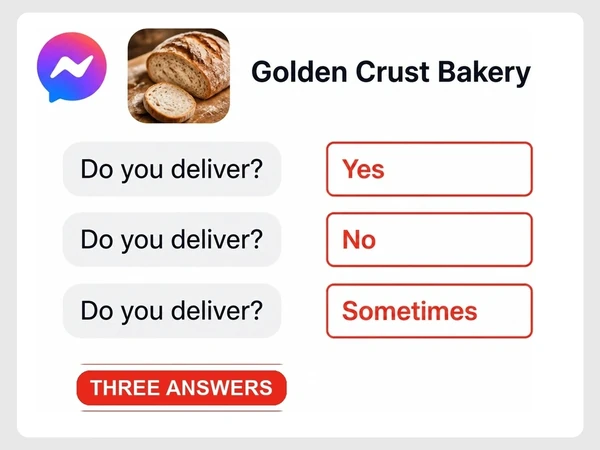 Golden Crust Bakery answers the same Messenger delivery question with Yes, No, and Sometimes.