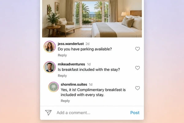Three comments on a boutique hotel Instagram post, one answered by the business
