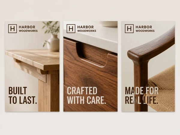 Three furniture maker social posts side by side in one consistent style