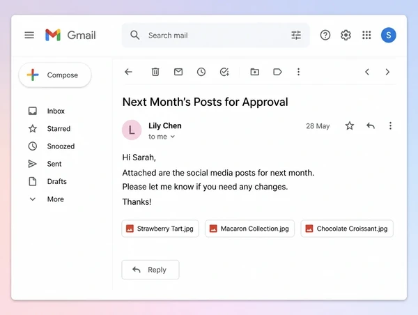 A Gmail approval message sending a month of patisserie posts for sign off