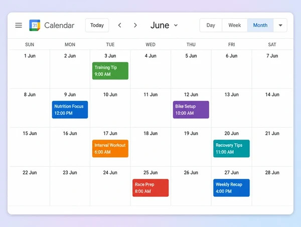A Google Calendar month with nine planned performance cycling posts spread evenly