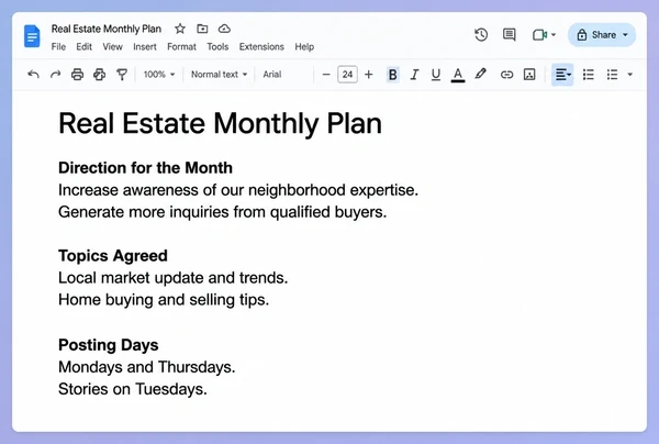 A Google Docs monthly plan for a real estate agency with direction, topics and posting days
