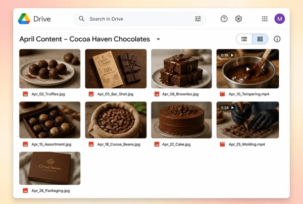 A Google Drive folder of chocolate maker photographs and video clips for the month