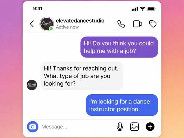 An Instagram message thread where a customer enquires about a dance studio job