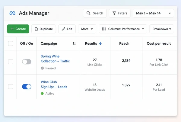 A Meta Ads Manager list with one paused and one active wine merchant campaign