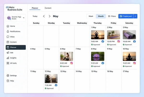 A Meta Business Suite Planner month of approved scheduled posts for a yoga studio