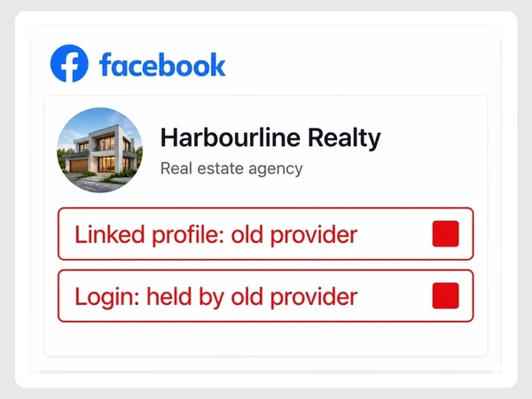 Harbourline Realty shows its linked Facebook profile and login both held by an old provider.