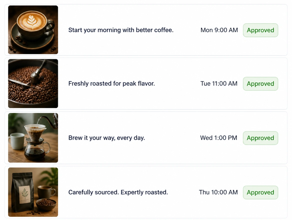 A publishing queue showing four coffee roastery posts approved with their days and times