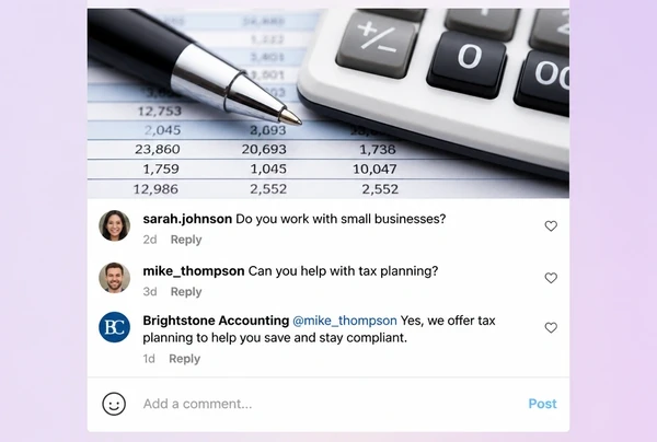 Three comments on an accountancy practice Instagram post, one answered by the business