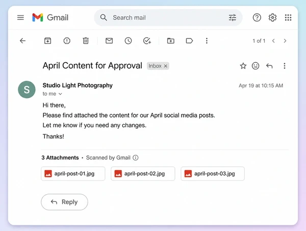 A Gmail approval message sending a month of photography studio posts for sign off