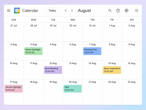A Google Calendar month with nine planned wedding planner posts spread evenly