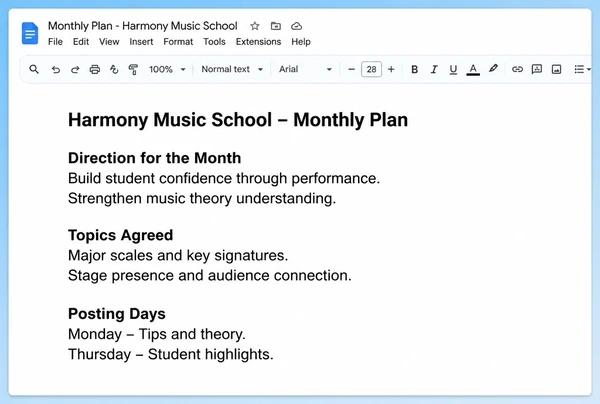 A Google Docs monthly plan for a music school with direction, topics and posting days